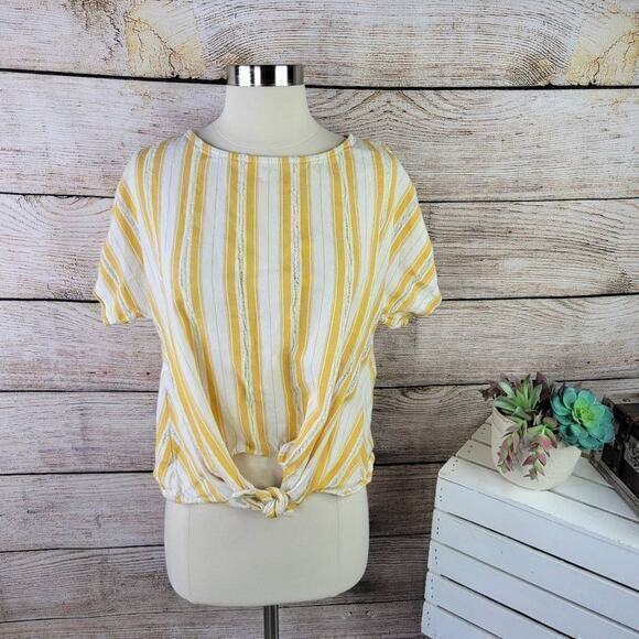 Lou & Grey Skip Doppy Tie-Front Fray Hem Striped Yellow Size Small - Picture 1 of 8